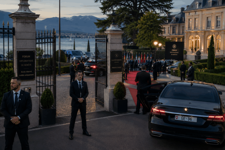 Entrée sécurisée d’un sommet international proche de Genève avec agents de sécurité, voitures officielles et personnalités politiques au bord du lac Léman.