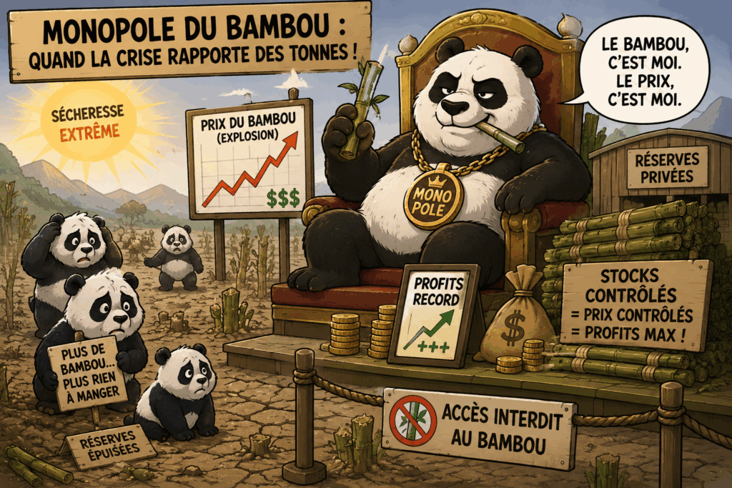 Illustration cartoon d’un panda géant contrôlant le monopole du bambou pendant une sécheresse, tandis que d’autres pandas souffrent de la crise et de la hausse des prix.