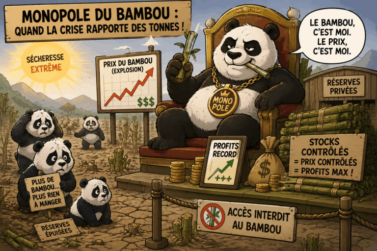 Illustration cartoon d’un panda géant contrôlant le monopole du bambou pendant une sécheresse, tandis que d’autres pandas souffrent de la crise et de la hausse des prix.