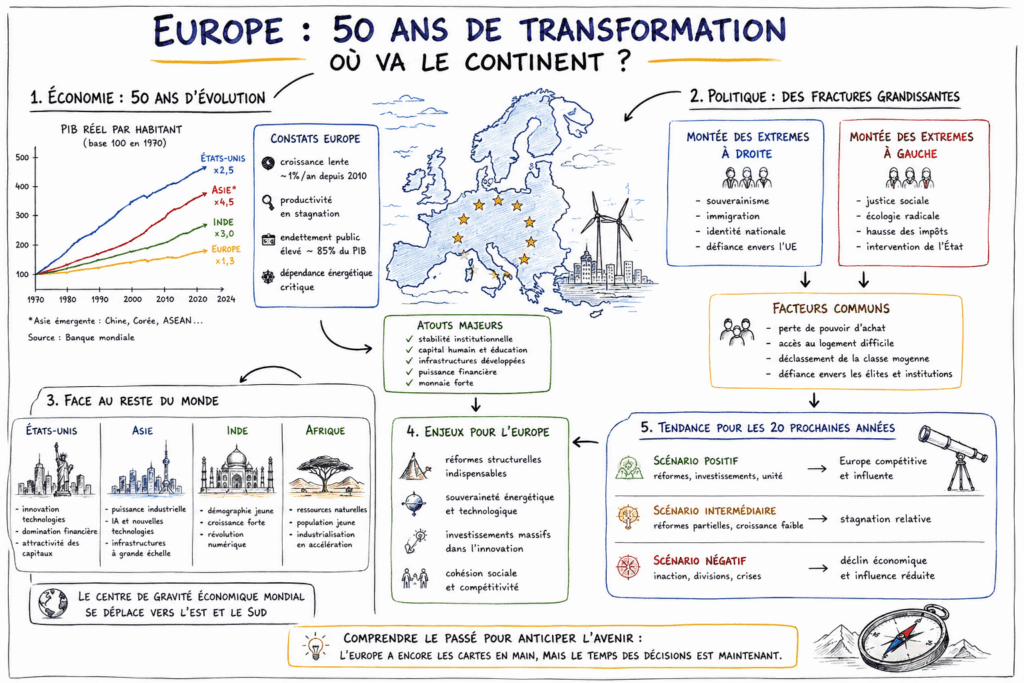 Illustration en croquis de l’Europe montrant son évolution économique, ses tensions politiques et sa position face aux États-Unis, à l’Asie, à l’Inde et à l’Afrique sur les 50 dernières années