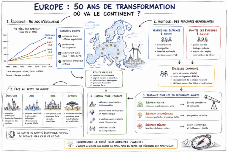 Illustration en croquis de l’Europe montrant son évolution économique, ses tensions politiques et sa position face aux États-Unis, à l’Asie, à l’Inde et à l’Afrique sur les 50 dernières années