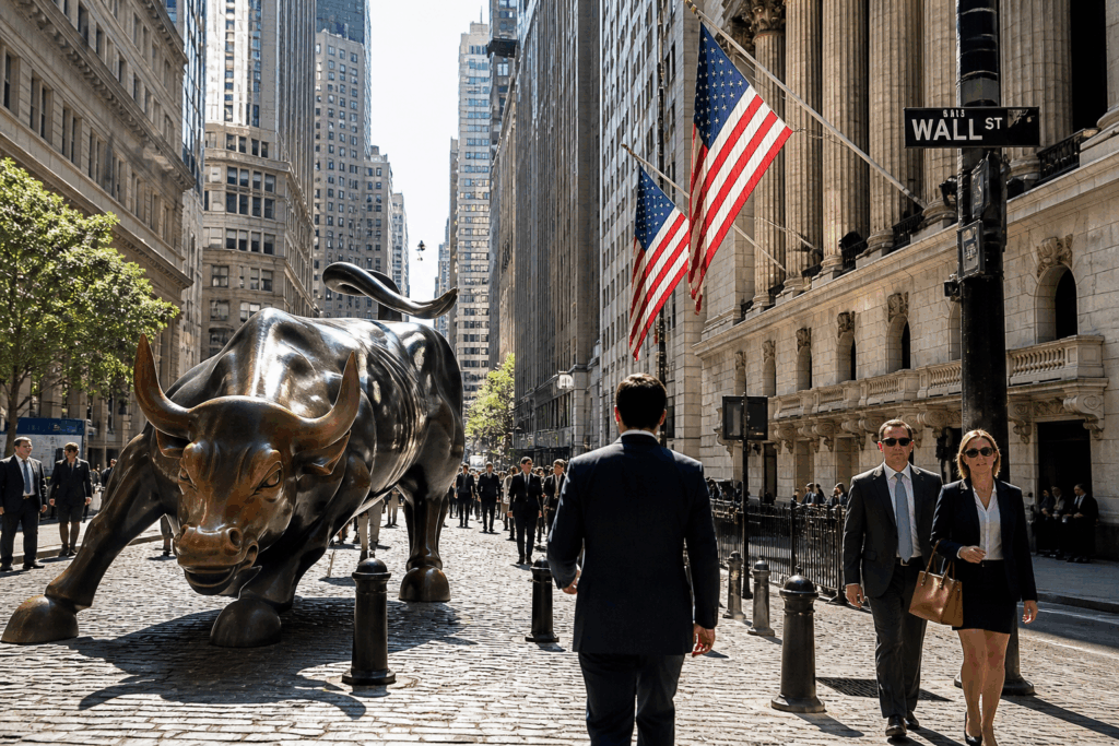 Statue du taureau de Wall Street avec des traders en costume dans le quartier financier de New York sous un ciel ensoleillé