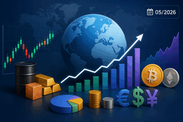 illustration des marchés financiers mondiaux avec graphiques haussiers, matières premières, devises et cryptomonnaies mai 2026