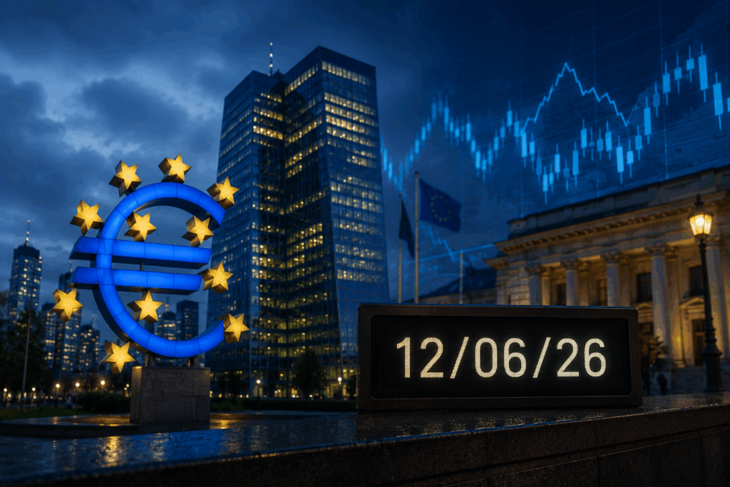 Siège financier européen avec symbole de l’euro et date du 12 juin 2026 dans un contexte de marchés sous tension