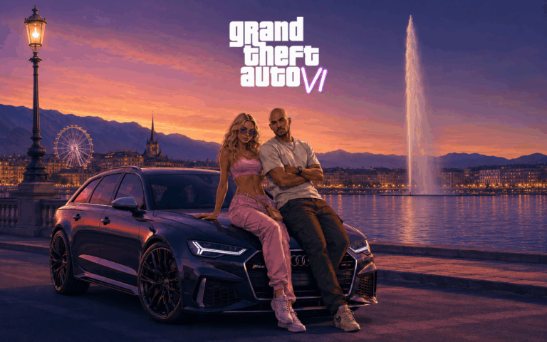 Affiche inspirée de GTA 6 avec une Audi RS6 noire, un homme chauve et une femme assis sur la voiture devant le Jet d'Eau de Genève au coucher du soleil.