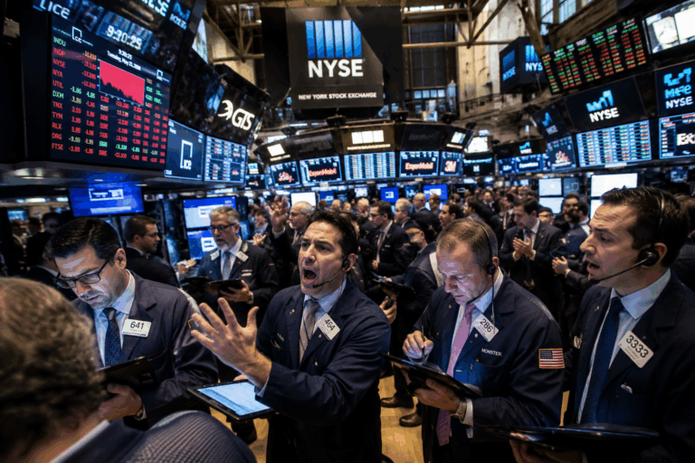 Salle des marchés de Wall Street en pleine activité avec des traders surveillant les écrans boursiers pendant une séance de forte volatilité.