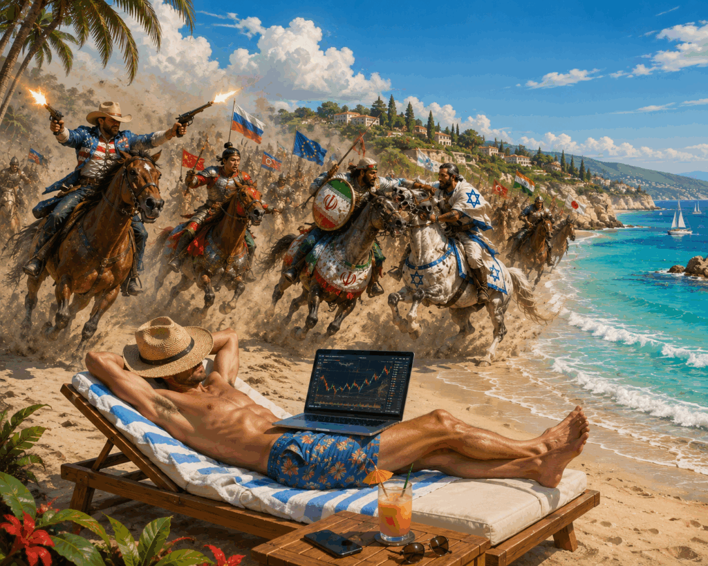 Trader relaxé sur une plage tropicale avec ordinateur affichant les marchés financiers tandis qu'une charge de cavaliers symbolise les risques économiques, géopolitiques et monétaires mondiaux.