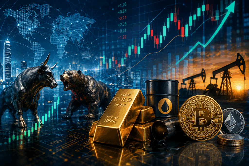 Illustration des marchés financiers mondiaux avec graphiques boursiers, cryptomonnaies, or, pétrole et flux de capitaux internationaux.