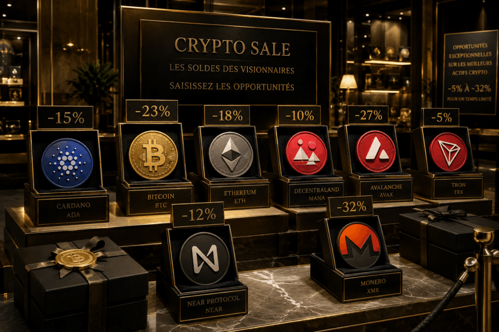 Étalage de luxe présentant plusieurs cryptomonnaies en promotion avec les logos Bitcoin, Ethereum, Cardano, Avalanche, Tron, Near et Monero dans des coffrets haut de gamme affichant des réductions allant de 5 % à 32 %.