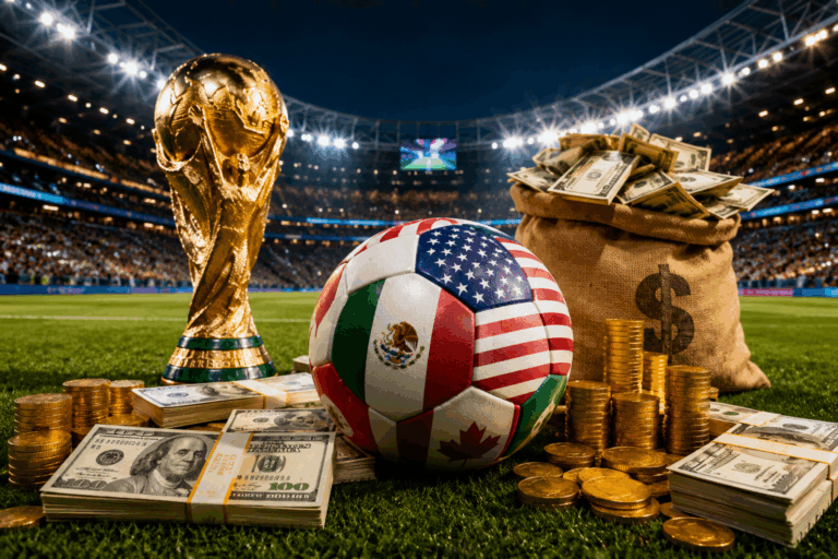Coupe du Monde 2026 illustrant les revenus de la FIFA, les paris sportifs et l'économie mondiale du football.