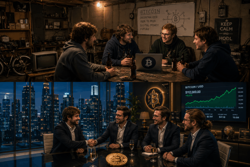Groupe de passionnés de Bitcoin discutant dans un garage en 2015 puis devenus entrepreneurs et investisseurs à succès dans un bureau moderne en 2025.
