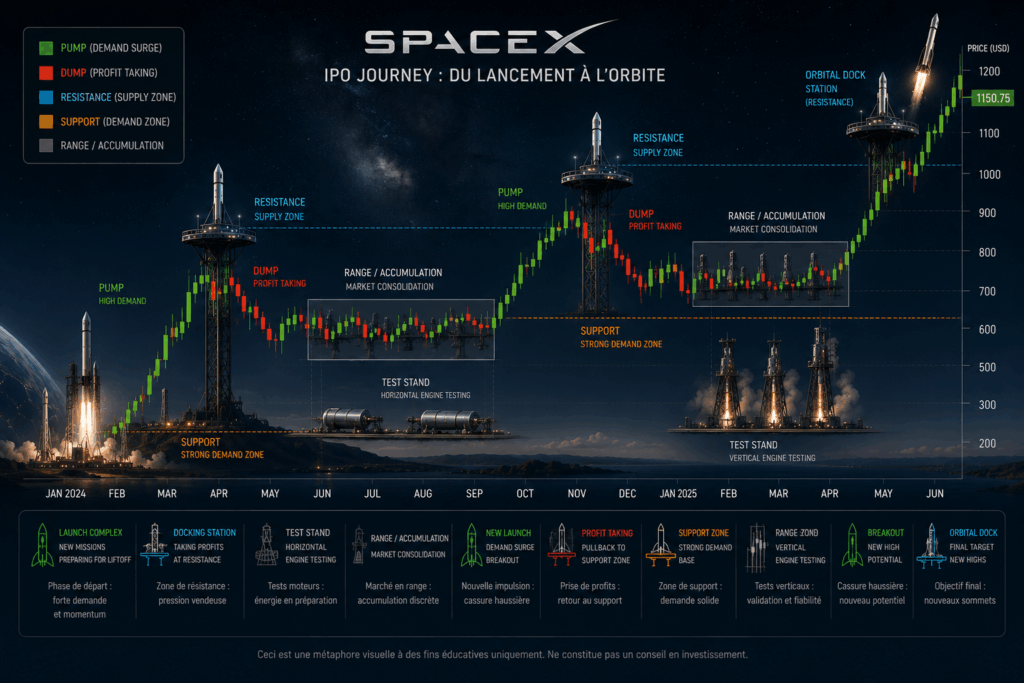 Illustration de l'introduction en Bourse de SpaceX montrant des fusées réutilisables évoluant sur un graphique boursier avec zones de support, résistances, phases d'accumulation et décollages symbolisant les mouvements de marché.