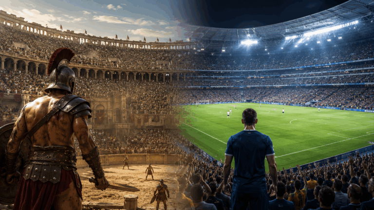 Transition visuelle entre une arène romaine remplie de gladiateurs et un stade de football moderne bondé de spectateurs