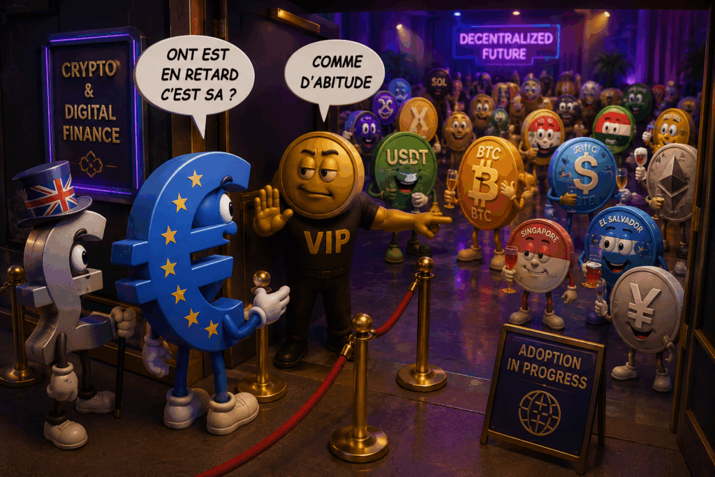 Illustration humoristique représentant l’euro et la livre sterling arrivant à une réunion de monnaies numériques où Bitcoin, USDT, dollar et yen discutent déjà de l’avenir des cryptomonnaies et des stablecoins.