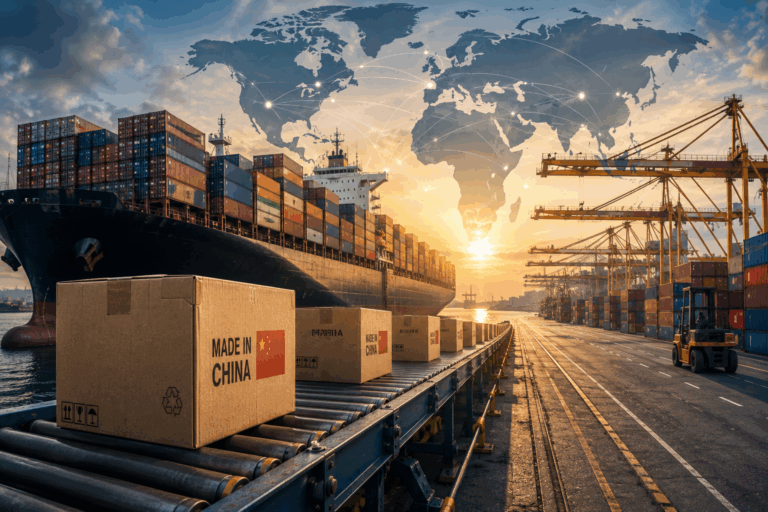 Porte-conteneurs géant déchargeant des marchandises chinoises dans un port international illustrant l’augmentation des importations européennes
