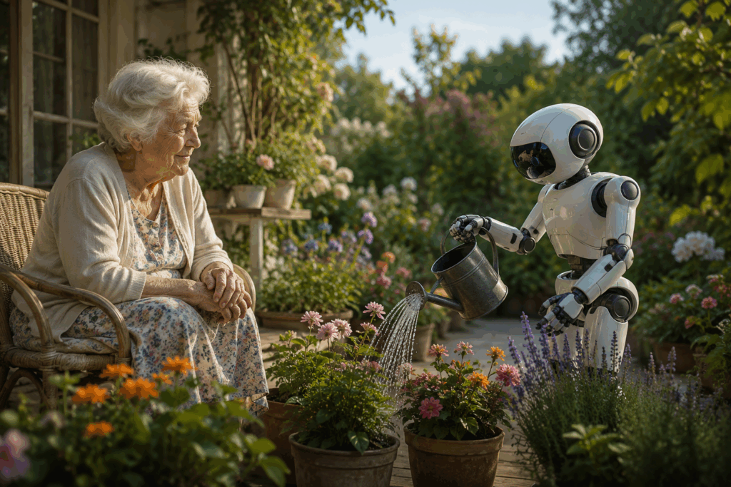Vieille femme observant un robot autonome arroser des plantes dans un jardin résidentiel