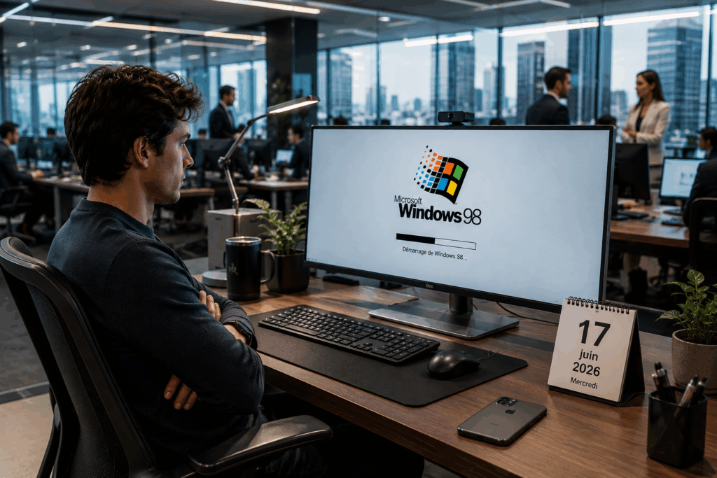Jeune professionnel dans un open space moderne en 2026 attendant le démarrage de Windows 98 sur un ordinateur haut de gamme, illustration de l’obsolescence des outils numériques et de l’évolution du modèle logiciel.