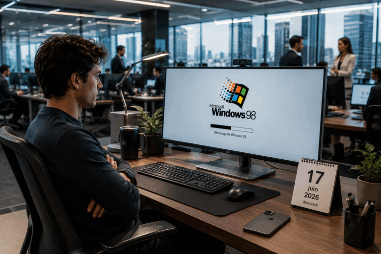 Jeune professionnel dans un open space moderne en 2026 attendant le démarrage de Windows 98 sur un ordinateur haut de gamme, illustration de l’obsolescence des outils numériques et de l’évolution du modèle logiciel.