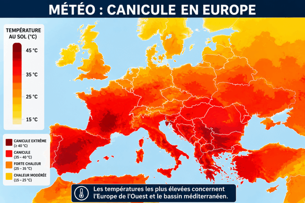 Météo : carte des températures en Europe montrant une canicule exceptionnelle avec des valeurs dépassant localement 40°C en France, en Espagne, en Italie et dans les Balkans.