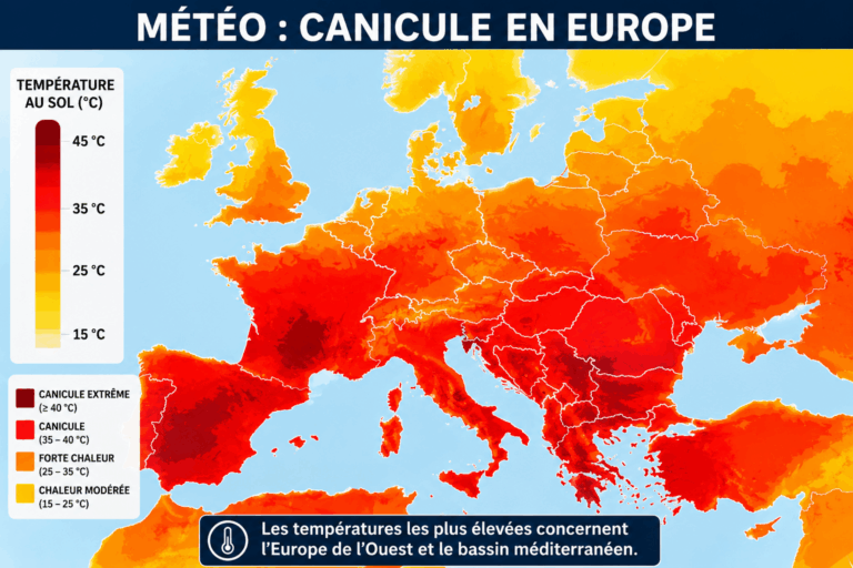 Météo : carte des températures en Europe montrant une canicule exceptionnelle avec des valeurs dépassant localement 40°C en France, en Espagne, en Italie et dans les Balkans.