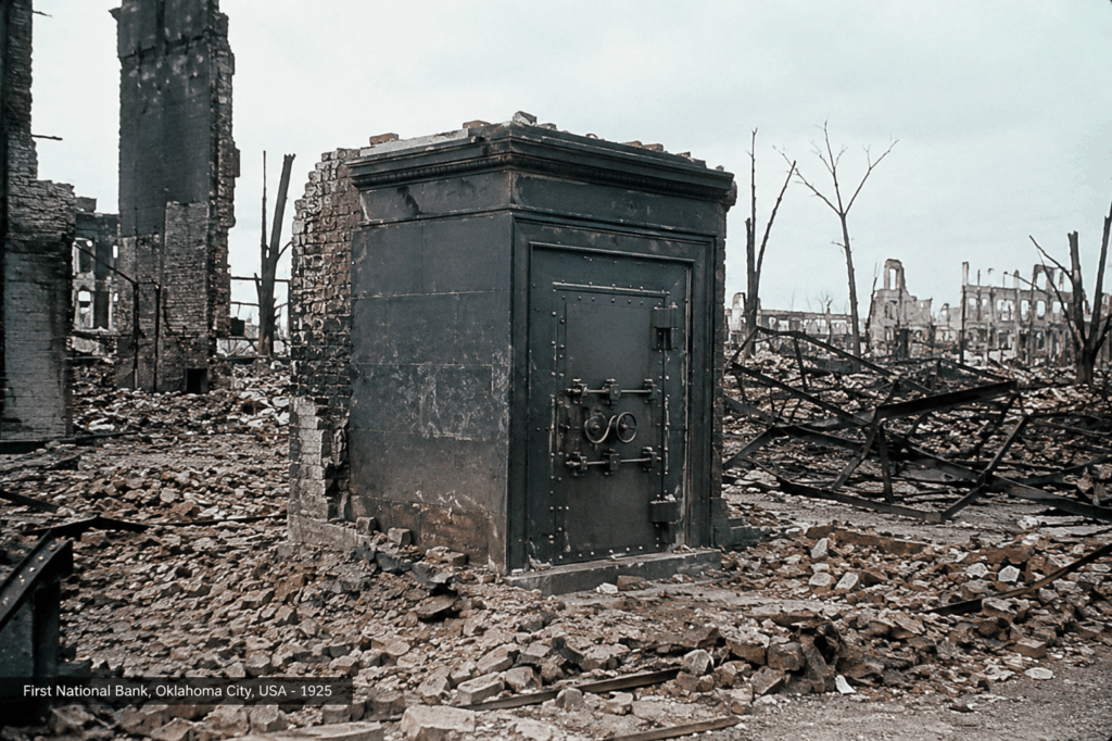 Salle des coffres d'une banque restée intacte au milieu des ruines après une catastrophe, illustrant la résistance des chambres fortes face aux tempêtes, incendies et conflits.