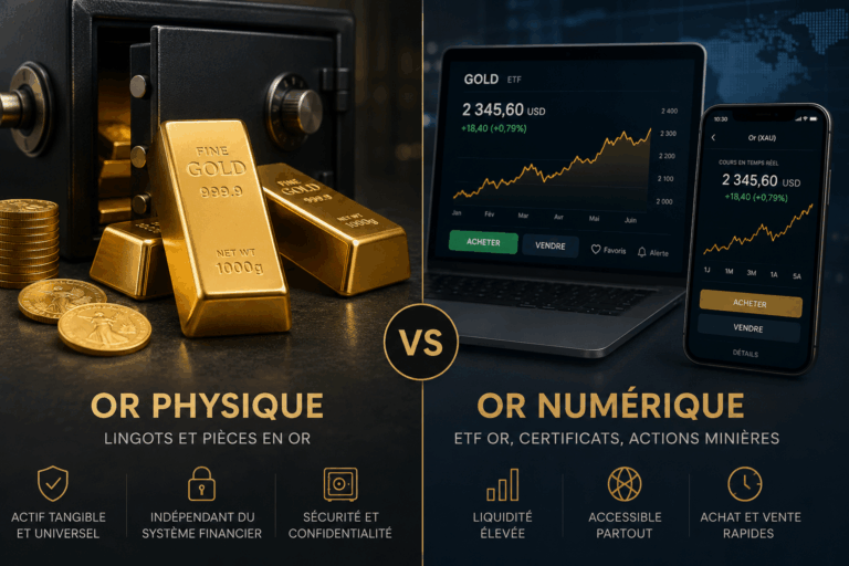 Comparaison entre l'or physique conservé dans une salle des coffres sécurisée et l'or en bourse via ETF, illustrant les différences entre stockage en chambre forte et investissement numérique.