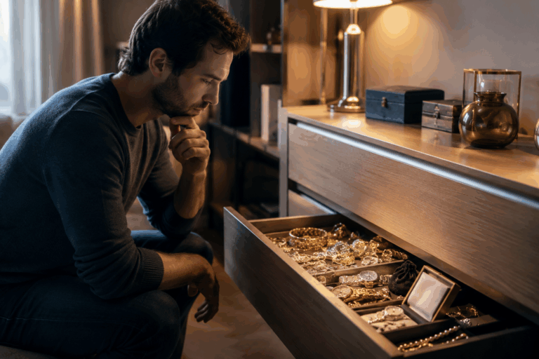 Personne réfléchissant devant un tiroir rempli de bijoux à son domicile avant de choisir entre un coffre bancaire ou un coffre-fort privé pour protéger ses objets de valeur.