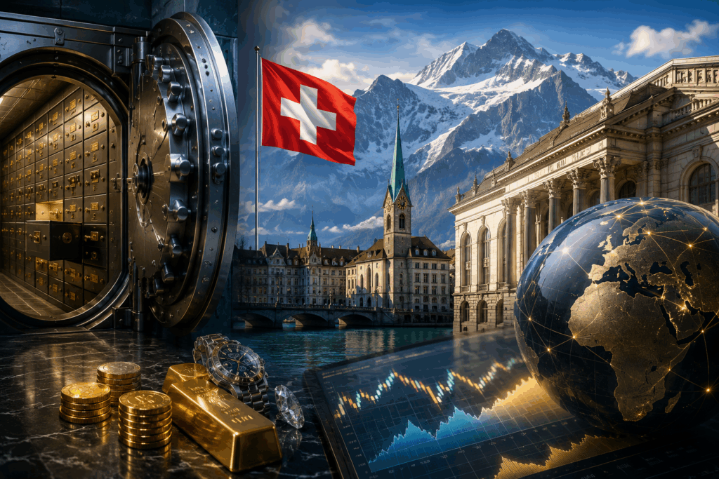 La Suisse, coffre-fort du monde, avec un coffre sécurisé, des lingots d'or, une banque suisse et les Alpes symbolisant la protection du patrimoine.