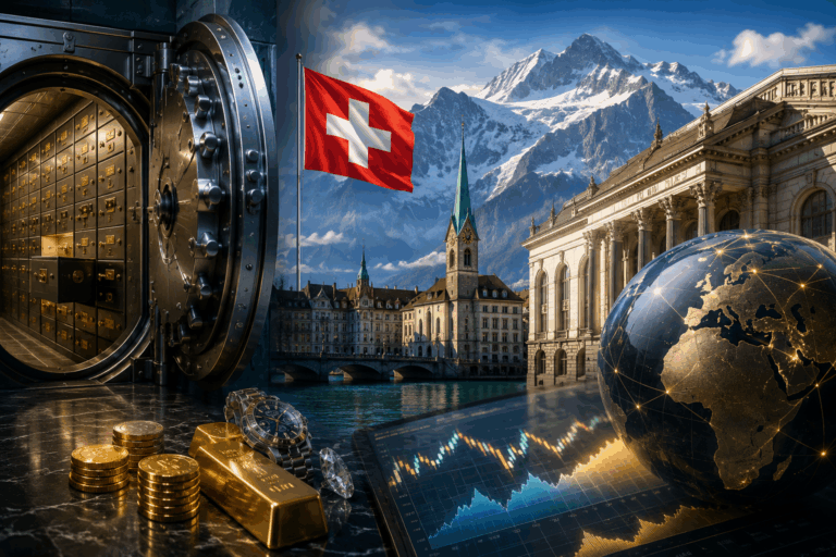 La Suisse, coffre-fort du monde, avec un coffre sécurisé, des lingots d'or, une banque suisse et les Alpes symbolisant la protection du patrimoine.