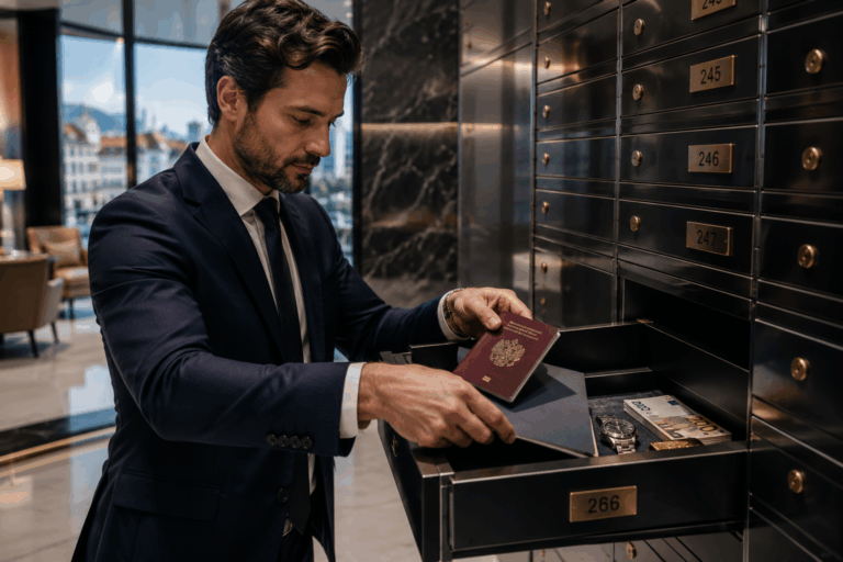Client déposant un passeport, des documents confidentiels, des espèces et une montre de luxe dans un coffre-fort sécurisé à Genève.