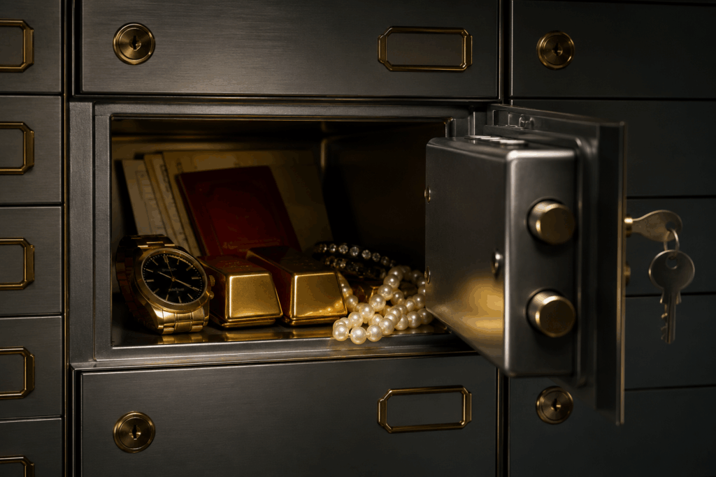 Coffre-fort privé sécurisé contenant des lingots d'or, une montre de luxe, des bijoux et des documents dans une chambre forte à Genève.