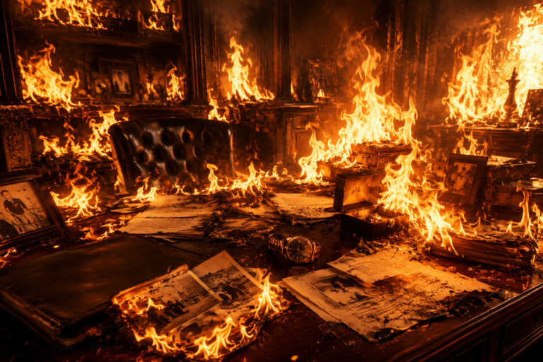 Bureau en flammes avec des documents, une montre, des photographies et des objets de valeur détruits par un incendie.