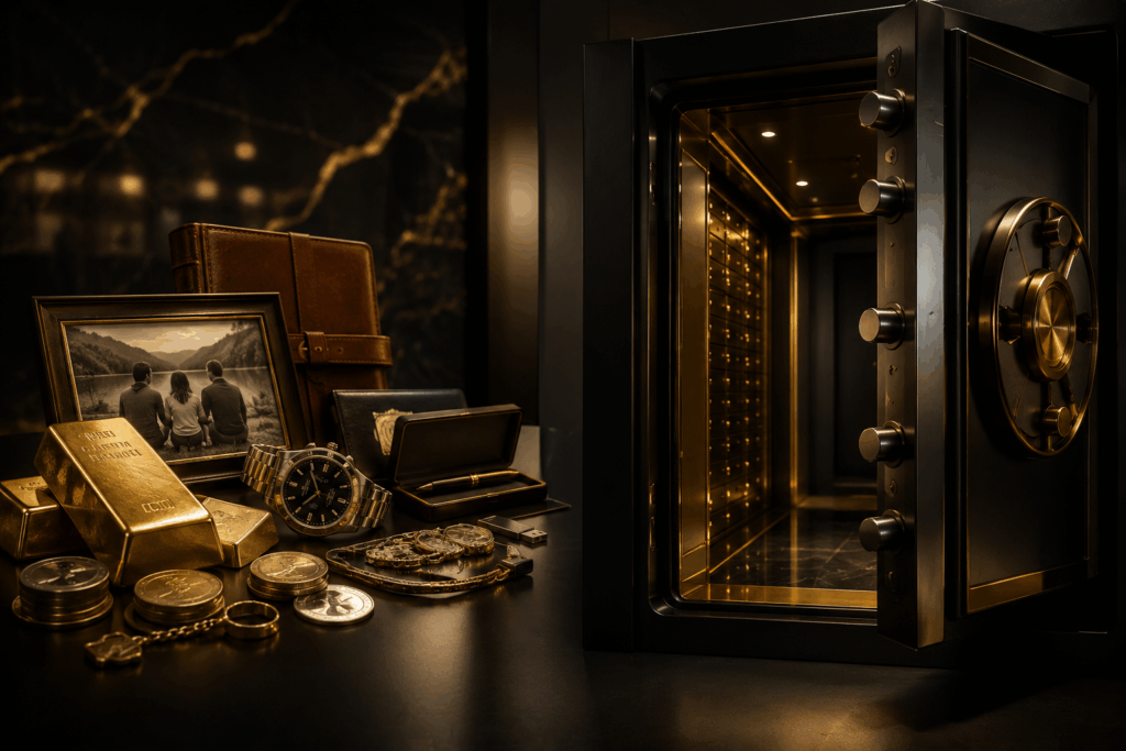 Lingots d'or, montre de luxe, bijoux et souvenirs personnels devant un coffre-fort privé sécurisé illustrant la protection des biens de valeur.