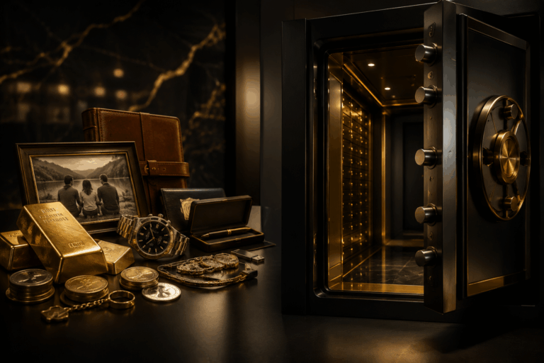 Lingots d'or, montre de luxe, bijoux et souvenirs personnels devant un coffre-fort privé sécurisé illustrant la protection des biens de valeur.