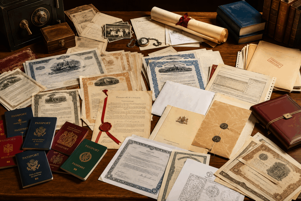 Documents importants originaux sur une table : passeports internationaux, certificats d'actions anciens, actes notariés, documents de succession, parts de société et archives confidentielles.