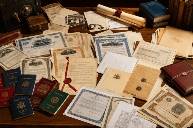 Documents importants originaux sur une table : passeports internationaux, certificats d'actions anciens, actes notariés, documents de succession, parts de société et archives confidentielles.