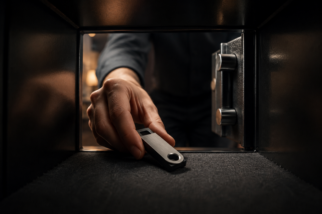 : Une main dépose une clé Ledger dans un coffre-fort pour illustrer le stockage sécurisé des bitcoins