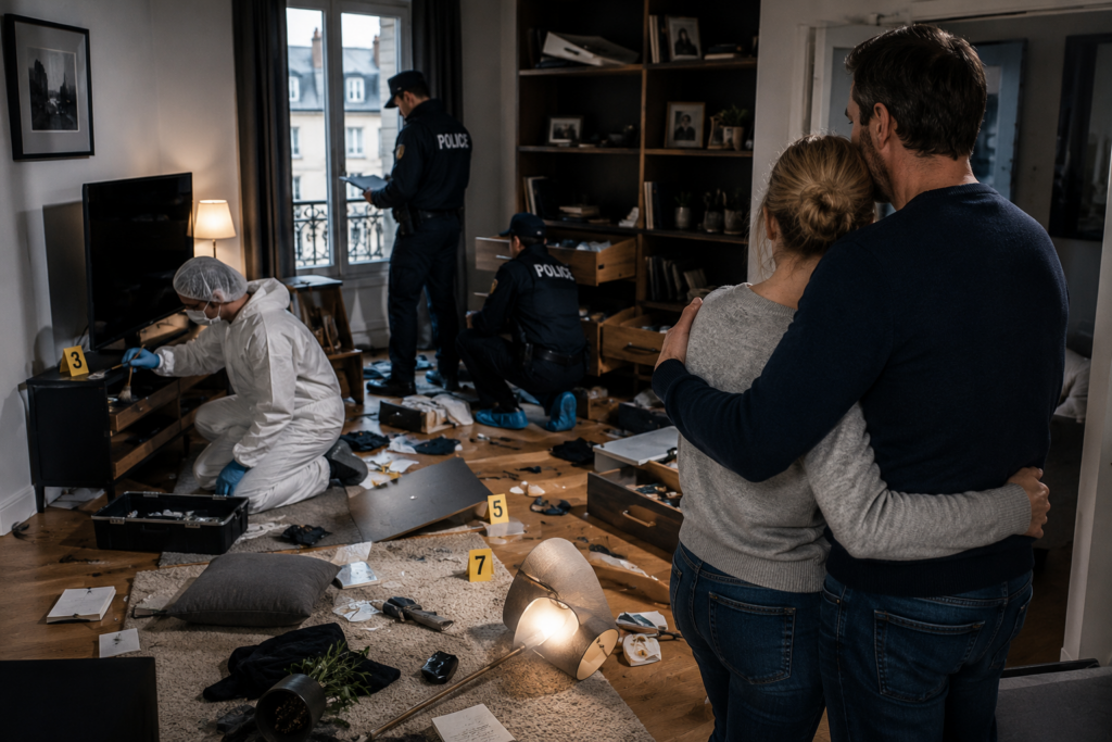 La police scientifique relève des empreintes dans un appartement cambriolé pendant qu'un mari rassure son épouse devant un salon entièrement saccagé.