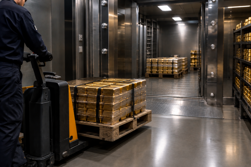 Lingots d’or transportés sur une palette dans une salle des coffres sécurisée