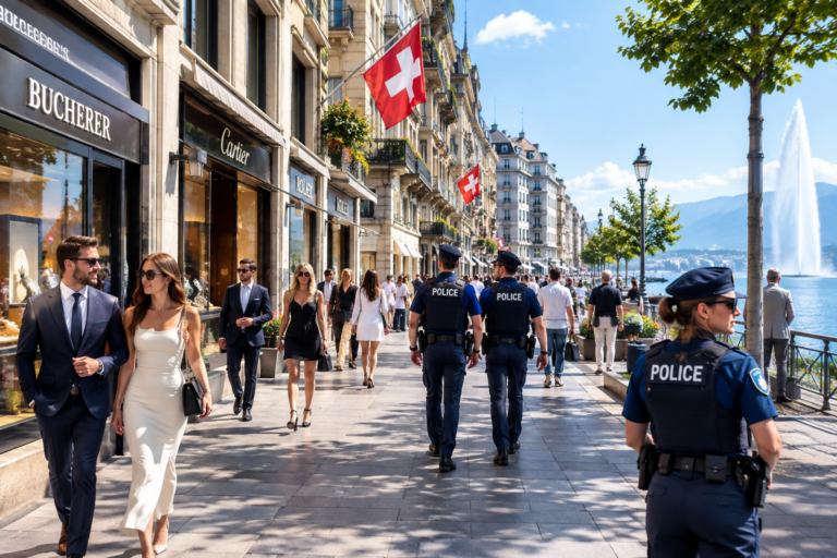 Rue du Rhône à Genève avec des policiers en patrouille et des passants