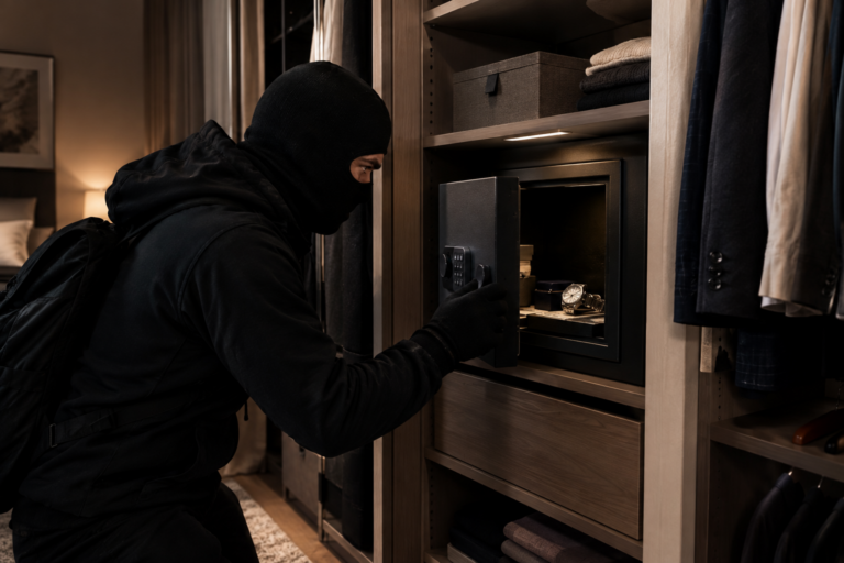 Coffre-fort à domicile dans un dressing face à un cambrioleur