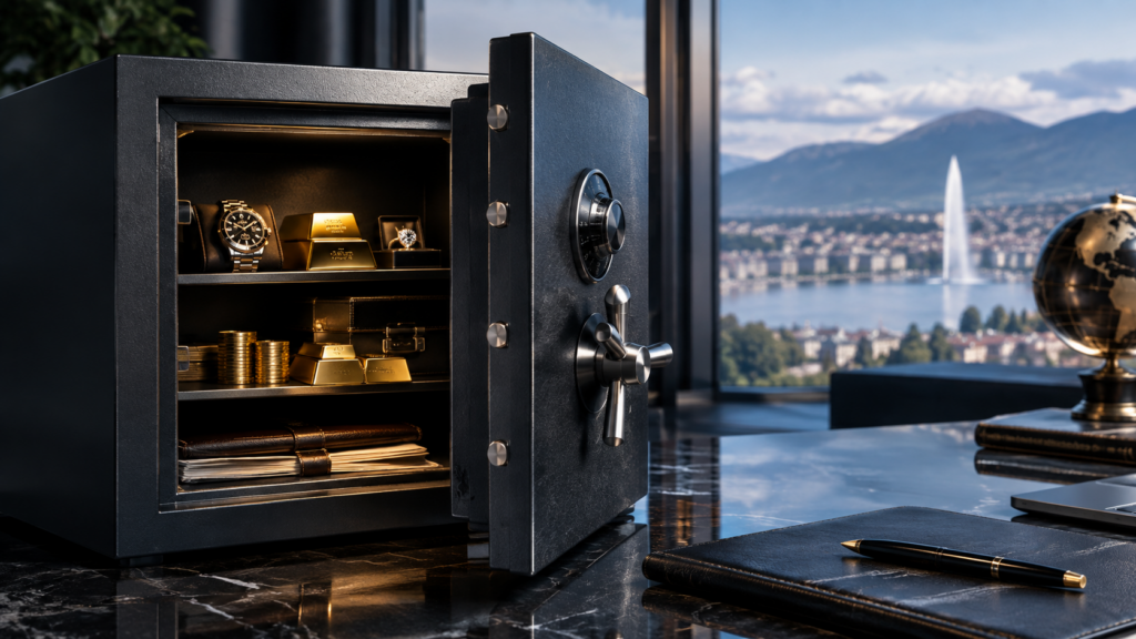 Coffre-fort privé sécurisé contenant des lingots d'or, une montre de luxe, des bijoux et des documents dans une chambre forte à Genève.