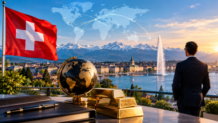 Genève et le lac Léman au coucher du soleil, symbole de l’attractivité financière de la Suisse pour les grandes fortunes internationales.