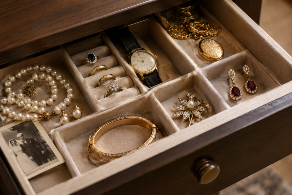 Tiroir contenant des bijoux de famille anciens, des bagues en or, un collier de perles et une montre de collection à protéger à Genève.