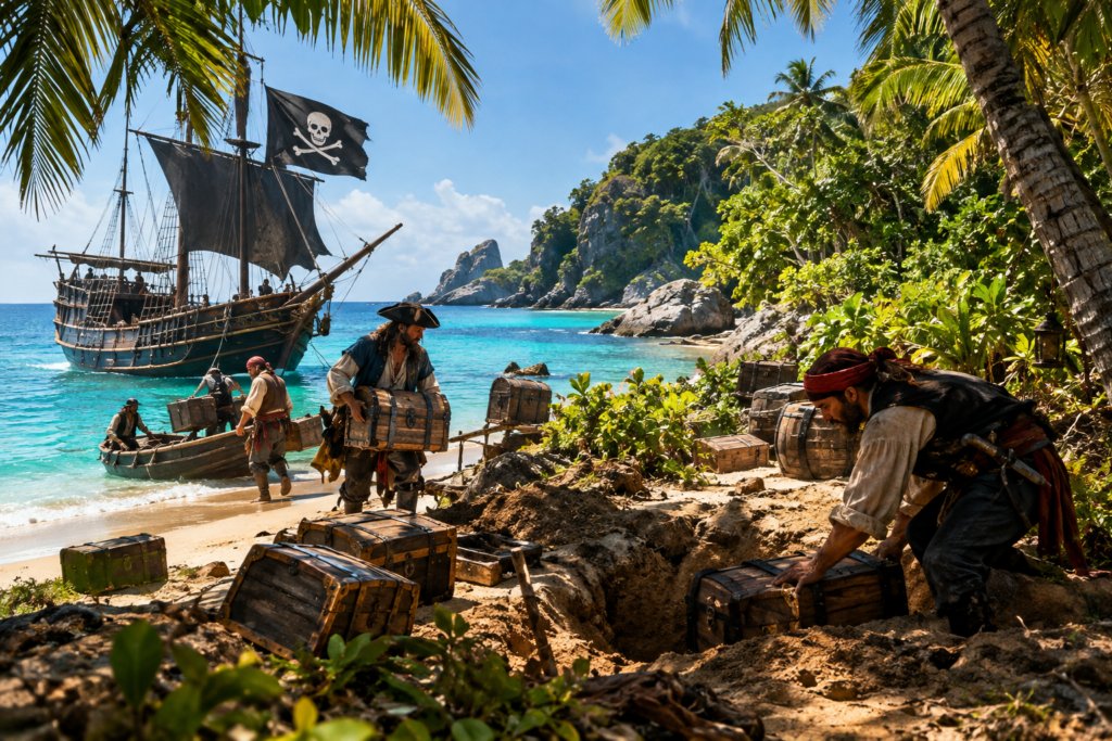 Pirates débarquant des coffres au trésor sur une île tropicale avec un galion pirate au mouillage.