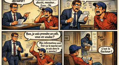 Comic humoristique : contrôle fiscal, vol de données et facteur cagoulé