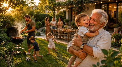 Grand-père heureux tenant son petit-fils dans les bras lors d’un repas de famille dans un grand jardin au coucher du soleil