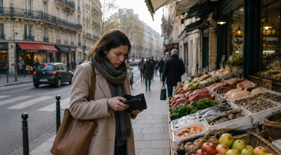 Femme regardant son portefeuille vide sur un marché parisien illustrant la baisse du pouvoir d’achat