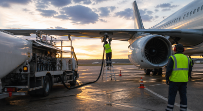 Avion en ravitaillement en kérosène sur un tarmac avec équipe au sol et camion citerne