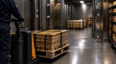 Lingots d’or transportés sur une palette dans une salle des coffres sécurisée